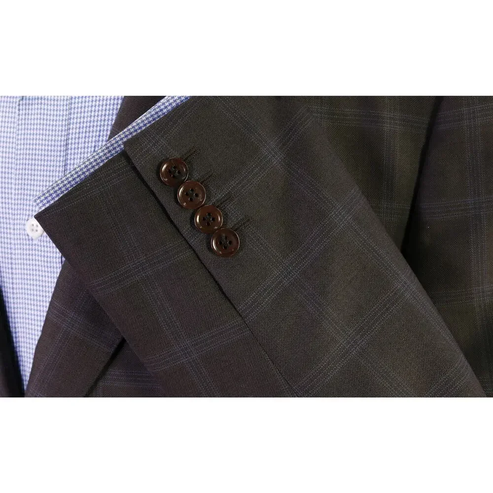 Armani Collezioni Brown w/ Sky Blue Windowpane Wool 2-Btn Sportcoat Blazer 44L